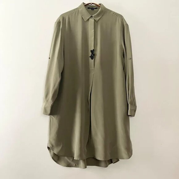 AllSaints Alex Silk Shirt Tunic Dress Olive Green Black Applique UK 10 US 6 - Picture 2 of 16